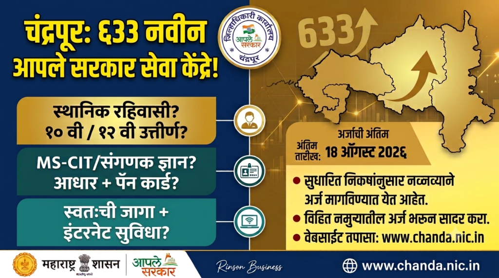 चंद्रपुर में 633 नए “आपले सरकार सेवा केंद्र”खोलने का सुनहरा अवसर; 14 अगस्त 2026 तक करें आवेदन